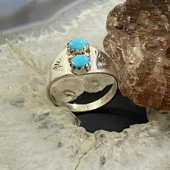 Native American Sterling Double Turquoise Decorated Ring Sz 5/ 6.5 /7.5 / 8 - Picture 4 of 10